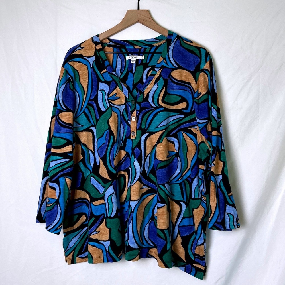 Chicos Womens Abstract Henley 3/4 Sleeve Slub Knit Top Size 4 /XXL Blue Multi